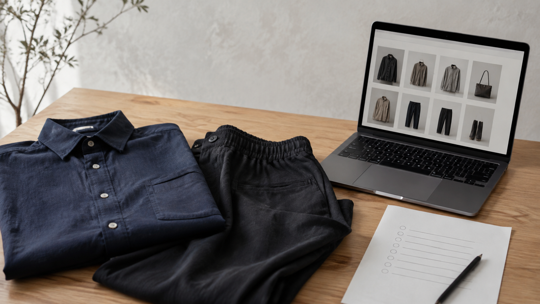 COMOLIのオンライン購入方法を比較するためのミニマルな服とノートパソコンのイメージ