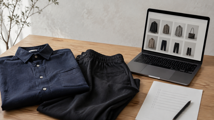 COMOLIのオンライン購入方法を比較するためのミニマルな服とノートパソコンのイメージ